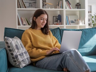 Young woman with long brown hair dressed in a yellow sweater, working on a laptop at home.