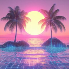 Naklejka premium Vaporwave Sunset with Palm Trees in Retro Style Digital Art Illustration of Tropical Island Paradise