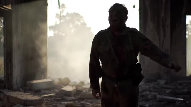 A wounded soldier moaning for help, dragging himself through rubble, steady cam following from behind, early morning, smoky haze, war documentary style