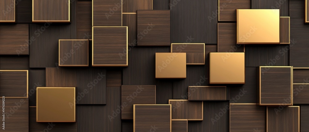Poster abstract wood and gold cubes background top-down view modern design luxury texture geometric pattern