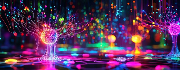 glowing neural layout, Vibrant abstract visual with glowing elements. digital brain mapping, artificial intelligence grid.