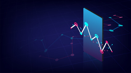 Isometric smartphone projecting a glowing cyan-pink line graph on a dark tech grid background, illustrating mobile analytics, fintech data and business growth banner design