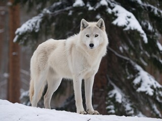 Obraz premium A majestic white wolf stands alert in a snowy forest, embodying the serene beauty of winter wildlife.