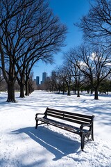 Snowy Park Bench Cityscape