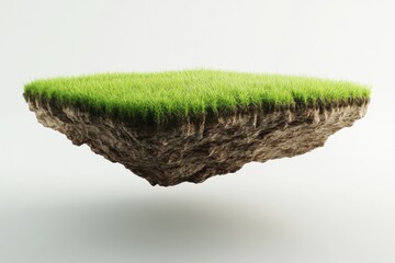 Floating Island with Green Grass and Earthy Soil on White Background Studio Shot Close Up Nature Concept