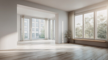 Fototapeta premium Modern White House with Large Windows and Natural Light in a Minimalist Empty Room – AI Generated