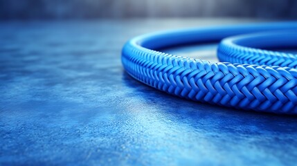 Plakat Close up view of coiled flexible blue pipe on a concrete floor, tightly framed to highlight its ribbed texture and looping form