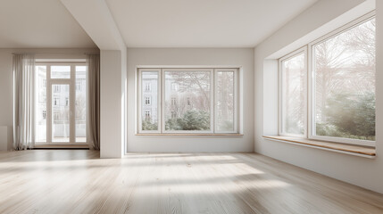 Fototapeta premium Modern White House with Large Windows and Natural Light in a Minimalist Empty Room – AI Generated