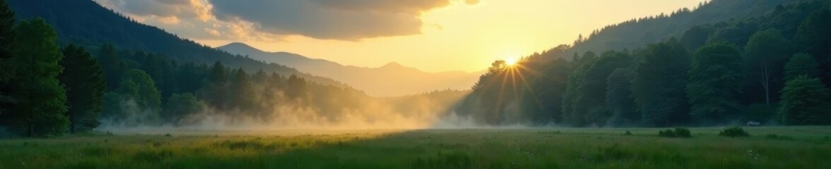 Sunbeams pierce morning fog, panoramic forest scene, pine, stock
