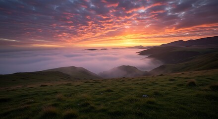 Obraz premium Sunrise Over Foggy Valley with Vibrant Sky and Rolling Hills