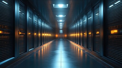 Futuristic server room corridor illuminated by glowing lights.