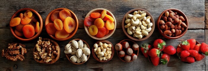 Colorful assortment of dried fruits and nuts in bowls on rustic wooden background, healthy snack options for nutrition and wellness enthusiasts