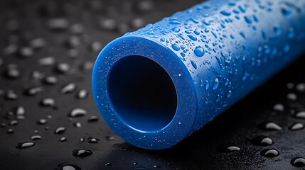 Close up to a smooth, brand new blue plastic pipe surface with UV-protection coating, high clarity and minimal composition