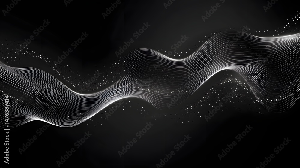 Poster abstract design of flowing lines and particles in dark gray and white.