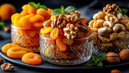 Colorful Assortment of Dried Fruits and Nuts in Decorative Bowls on Dark Background, Ideal for Healthy Snack Concepts and Culinary Inspiration