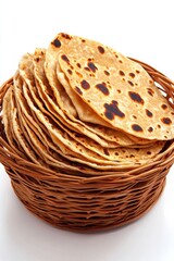 Obraz premium Chapati stack in wicker basket, studio shot on white backdrop, traditional Indian flatbread, homemade, rustic presentation