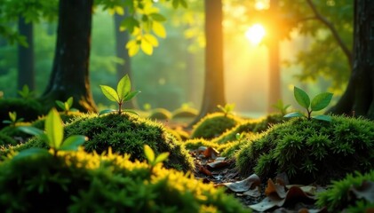 Warm sunlight filters through leaves, illuminating mossy undergrowth, woods, bright