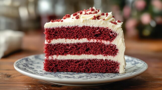 Closeup of a delicious red velvet cake slice.