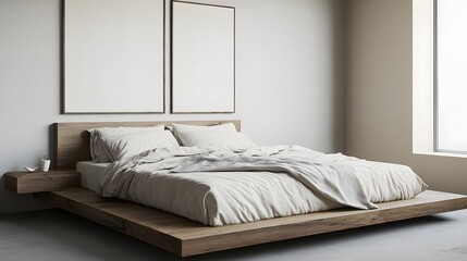 Minimalist bedroom interior design with a wooden platform bed.