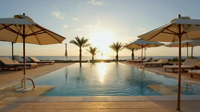 Relaxing by the Pool at Sunset with Palm Trees in Peaceful Coastal Setting