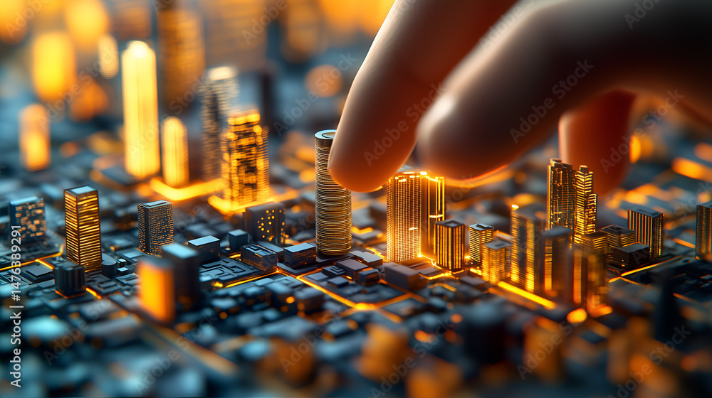 Poster a person's finger interacts with a circuit board in a technological context