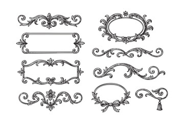 vintage flourish border badge frame set woodcut engraving vector illustration