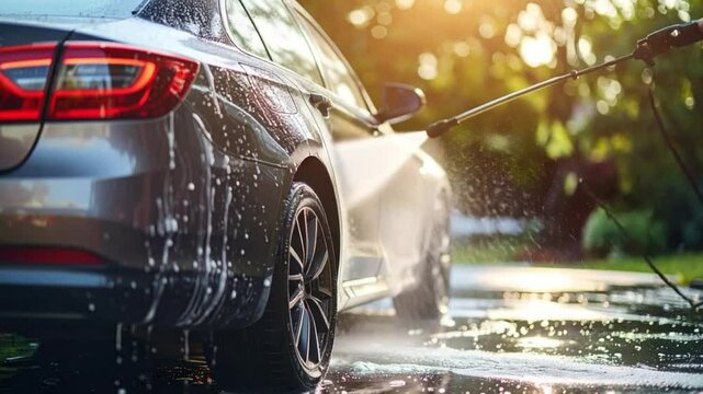 A person washing a car with a pressure washer in a sunlit garden, showcasing cleanliness