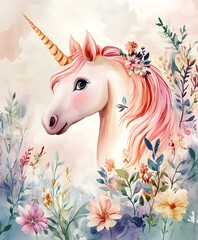 A captivating watercolor illustration of a majestic unicorn, its elegant form adorned with delicate floral accents, evokes a sense of wonder and enchantment. It stands amidst a vibrant garden.