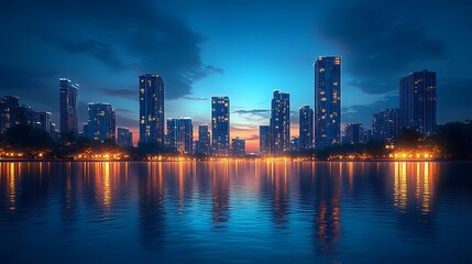 Fototapeta premium Nighttime urban skyline glowing brightly lights high resolution images