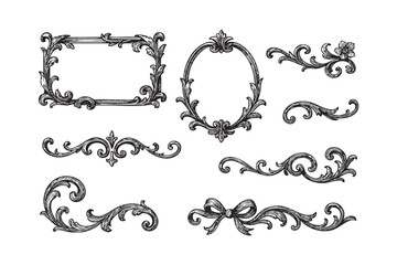 vintage flourish border badge frame set woodcut engraving vector illustration