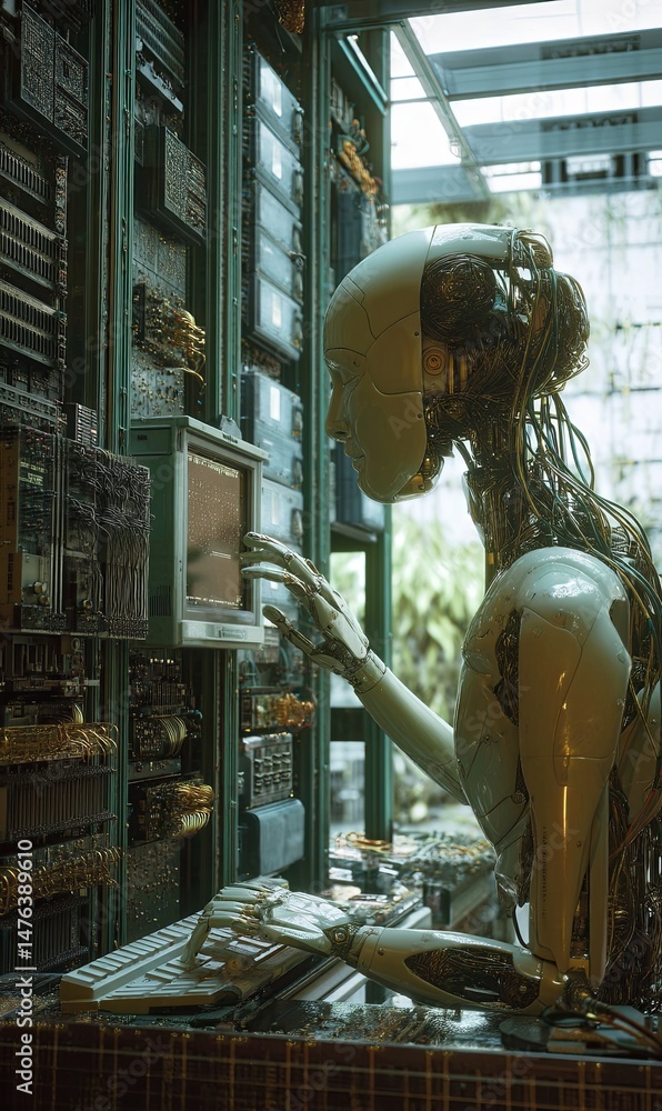 Poster robot interacting with vintage computer in a futuristic setting