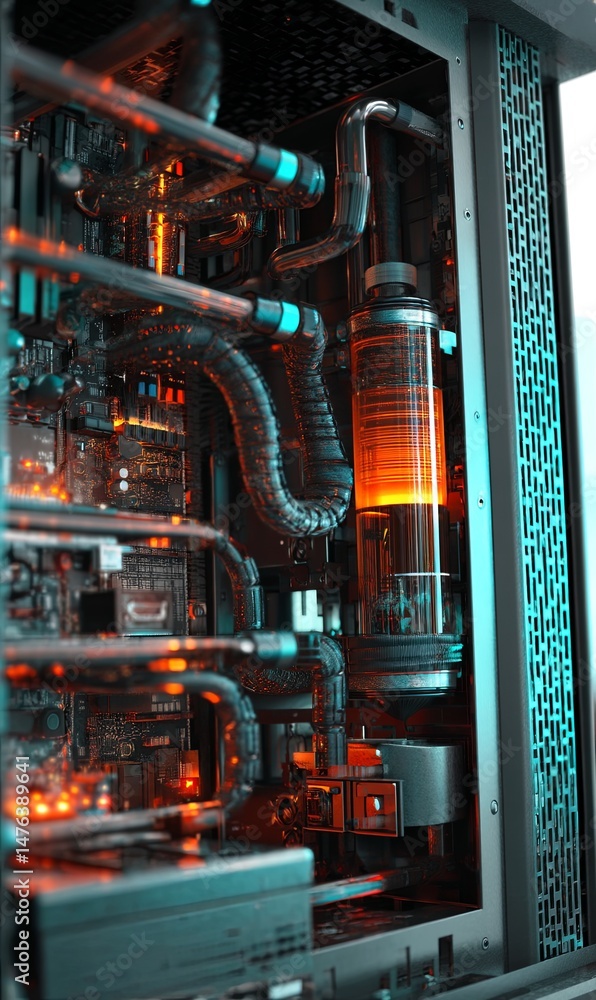 Poster detailed view of a modern computer cooling system with glowing elements