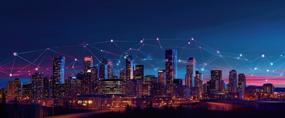 Connected city skyline at night, illuminated buildings with network connections