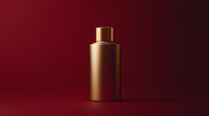 A minimalist product shot of an elegant, metallic bottle against a deep, rich backdrop. The sophisticated design and lighting create a luxurious feel.