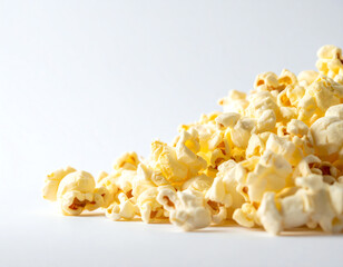 Popped popcorn scattered on a white surface, showcasing its light golden color and fluffy texture,...