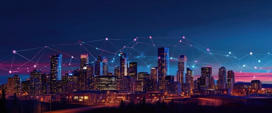 Connected city skyline at night, illuminated buildings with network connections