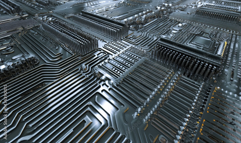Poster close-up view of an intricate circuit board design in a technology setting