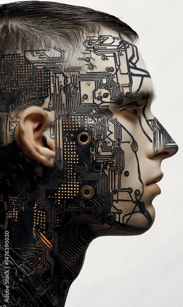 Aufkleber futuristic human with circuit patterns on face and neck in studio setting