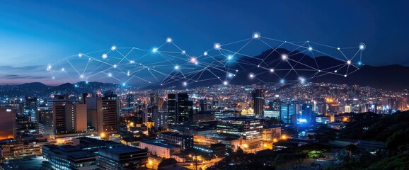 Night city connected by digital network