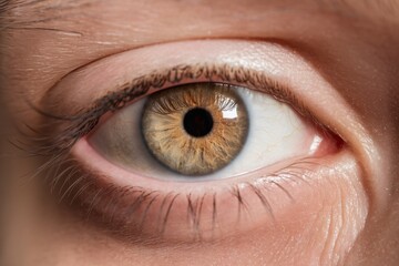 Fototapeta premium Close-up of a person's eye showcasing intricate patterns and warm brown colors in the iris.