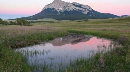 Scenic Montana Landscape at Sunset Featuring Mountain Reflection in Pond from Eye Level Viewpoint