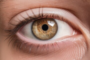Fototapeta premium Close-up of a female's brown eye, showcasing intricate details and textures in the iris.