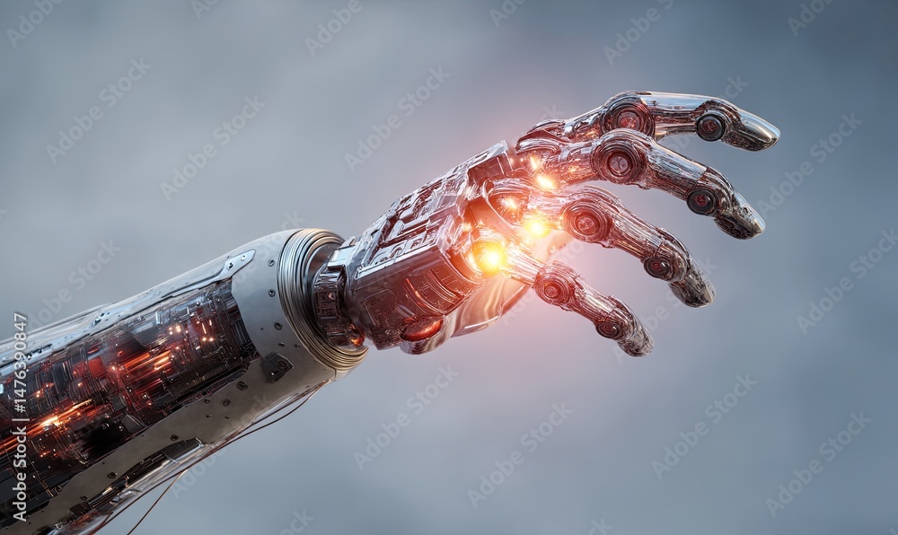 Poster robotic hand extending with lights against a cloudy background
