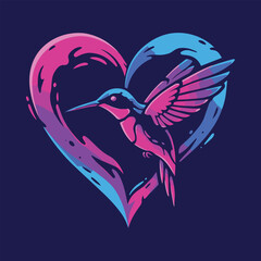 Hummingbird Heart Illustration: A stylized hummingbird hovers inside a heart shape, a vibrant illustration full of love and elegance. 