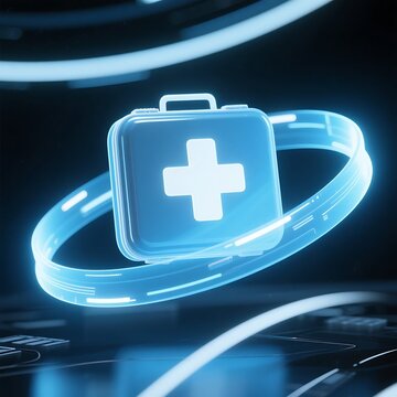 A futuristic first aid kit with a glowing ring around it on a dark background