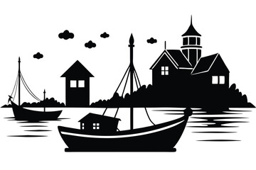 Silhouette of a Village Harbor with Small Fishing Boats – Coastal Life Scene