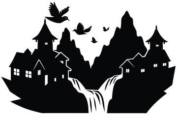 Silhouette of a Village near Waterfalls with Trees – Serene Nature Illustration