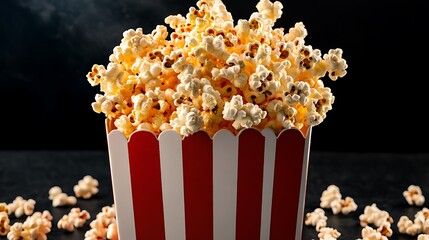 Golden popcorn cascading into a red-and-white striped box