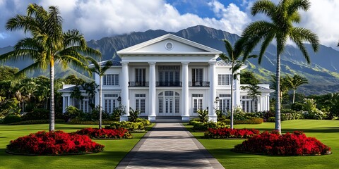 Obraz premium A grand estate, classic colonial architecture, nestled amidst manicured gardens and swaying palm trees, creates a scene of luxury and serenity. A well-maintained path guides towards a regal mansion.