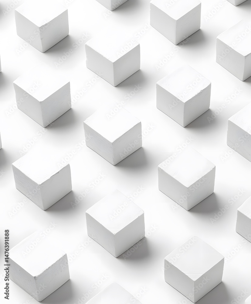 Poster an artistic composition with a series of minimalist white cubes forming an intriguing pattern. captu